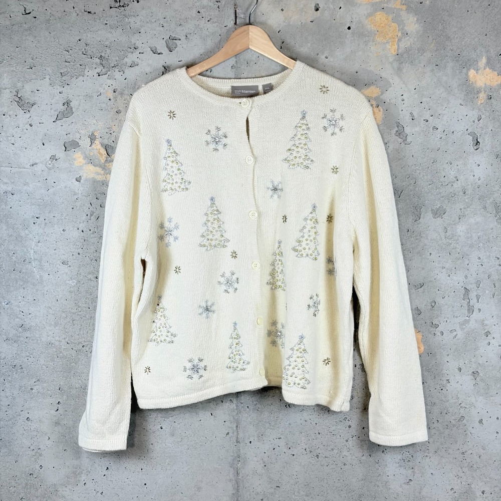 Croft & Barrow Ugly Christmas Cardigan Sweater Womens PXL Cream Embellished